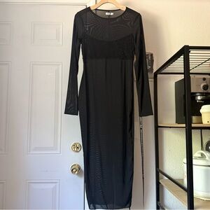 NWT SLA THE LABEL black mesh sheer metallic glitter beaded midi dress